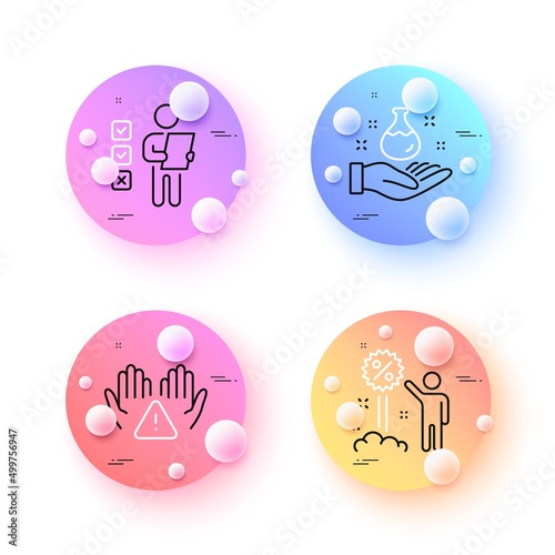 Discount, Voting ballot and Chemistry lab minimal line icons. 3d spheres or balls buttons. Clean hands icons. For web, application, printing. Sale shopping, Vote checklist, Laboratory. Vector