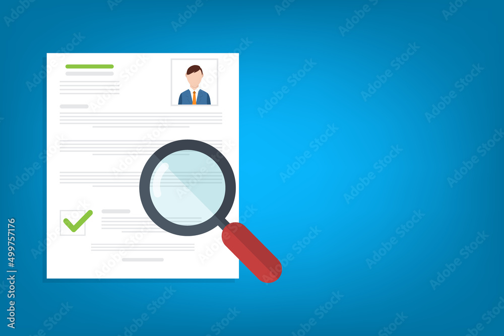 Resume analysis, use magnifying glass to view recruitment resume, concept of recruitment and human resources Resume analysis, use magnifying glass to view recruitment resume, concept of recruitment and human resources