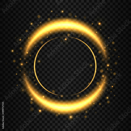 Gold light circle with sparkles. Light golden Spiral. Curve light effect of golden line. Flash flies in a circle in a luminous ring.