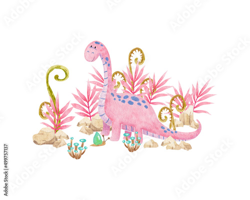 Watercolor illustration with cute pink dinosaurs on isolated background.   an be used for stationery design  postcards  calendars  notebooks  booklet etc.   clothing print  etc.  phone case design etc