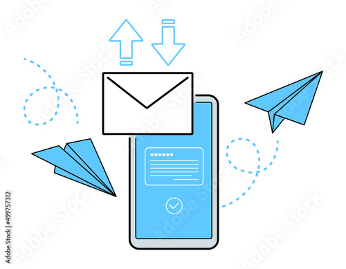 スマートフォンでメールを送受信するイラスト. 携帯電話でのメールのやり取りをするコンセプトデザイン. ベクターイラスト. 線画, アウトラインあり.