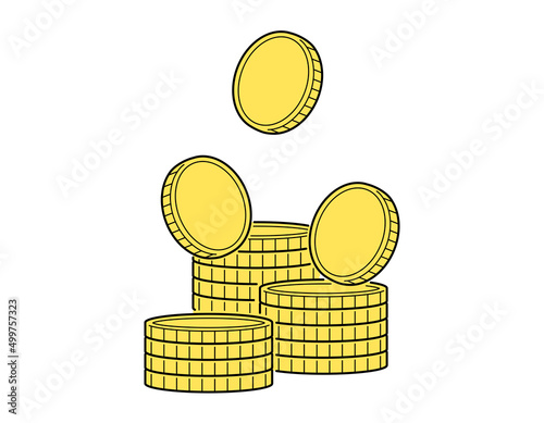 コインが積み重なったイラスト. 文字なし. お金,通貨,資産が貯まる. 白背景にベクター要素. 線画, アウトラインあり.