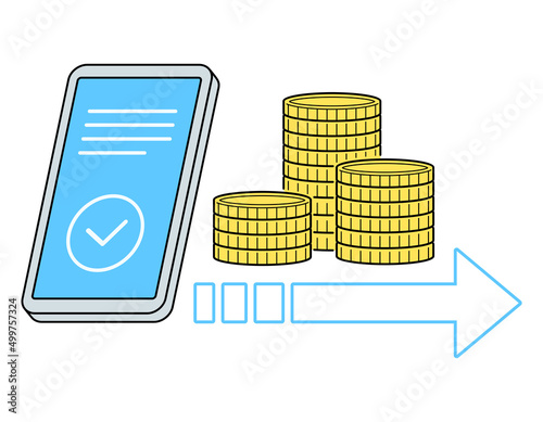 スマートフォンでお金を送金するイラスト. 振込, 支払い, 投資などオンラインでのマネー管理. 線画, アウトラインあり.