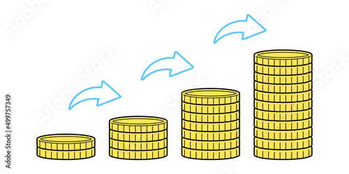 お金が増えるイラスト. 資金の積立. 資産運用, 投資, マネー管理. 上昇する矢印.	