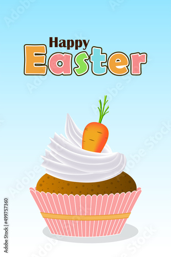 Easter greeting card with a cupcake  white cream and a carrot on the top. Easter celebration. Christian tradition.  Light blue background. Vector design.
