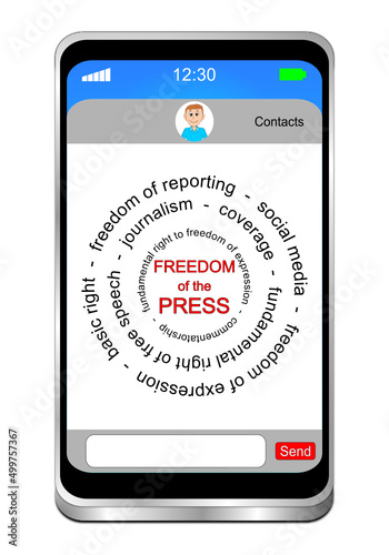 Smartphone with Freedom of the Press wordcloud - 3D illustration