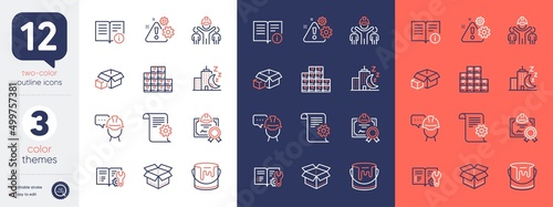 Set of Packing boxes, Open box and Certificate line icons. Include Technical documentation, Engineering team, Technical info icons. Engineering documentation, Paint, Foreman web elements. Vector