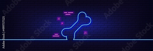 Neon light glow effect. Dog bone line icon. Pets food sign. Pet feeding symbol. 3d line neon glow icon. Brick wall banner. Dog bone outline. Vector