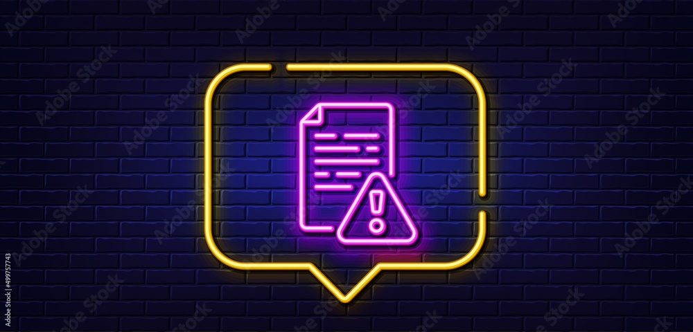 Neon light speech bubble. Instruction manual line icon. Warning file sign. Caution alert symbol. Neon light background. Instruction manual glow line. Brick wall banner. Vector Neon light speech bubble. Instruction manual line icon. Warning file sign. Caution alert symbol. Neon light background. Instruction manual glow line. Brick wall banner. Vector