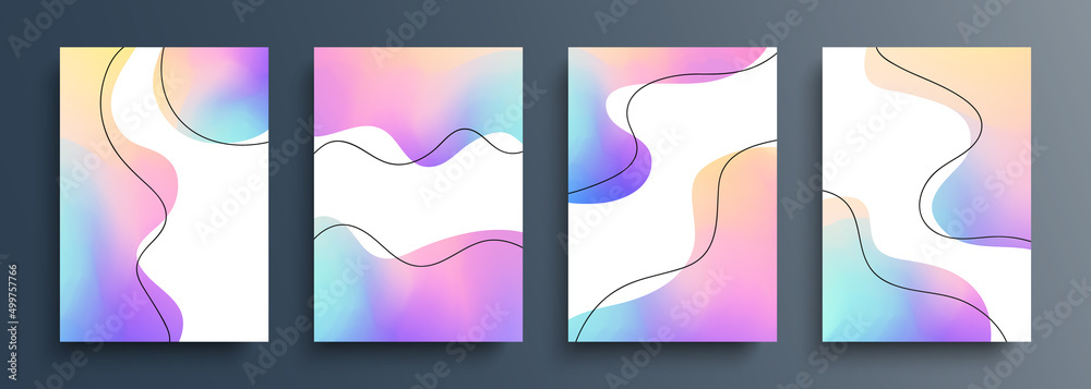 Abstract blurred backgrounds set with various dynamic multicolored shapes and black outlines for your creative graphic design. Vector illustration.	