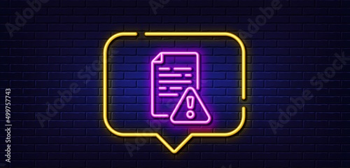 Neon light speech bubble. Instruction manual line icon. Warning file sign. Caution alert symbol. Neon light background. Instruction manual glow line. Brick wall banner. Vector