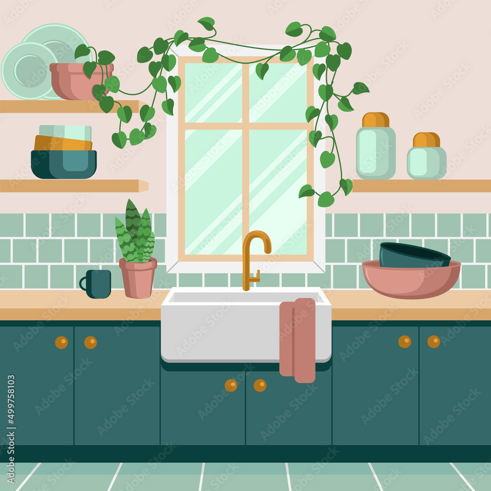Kitchen, view of the window with a washbasin Kitchen, view of the window with a washbasin