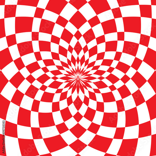 Twisted red and white double radial lines. Visual vibrating effect. Checker effect.
