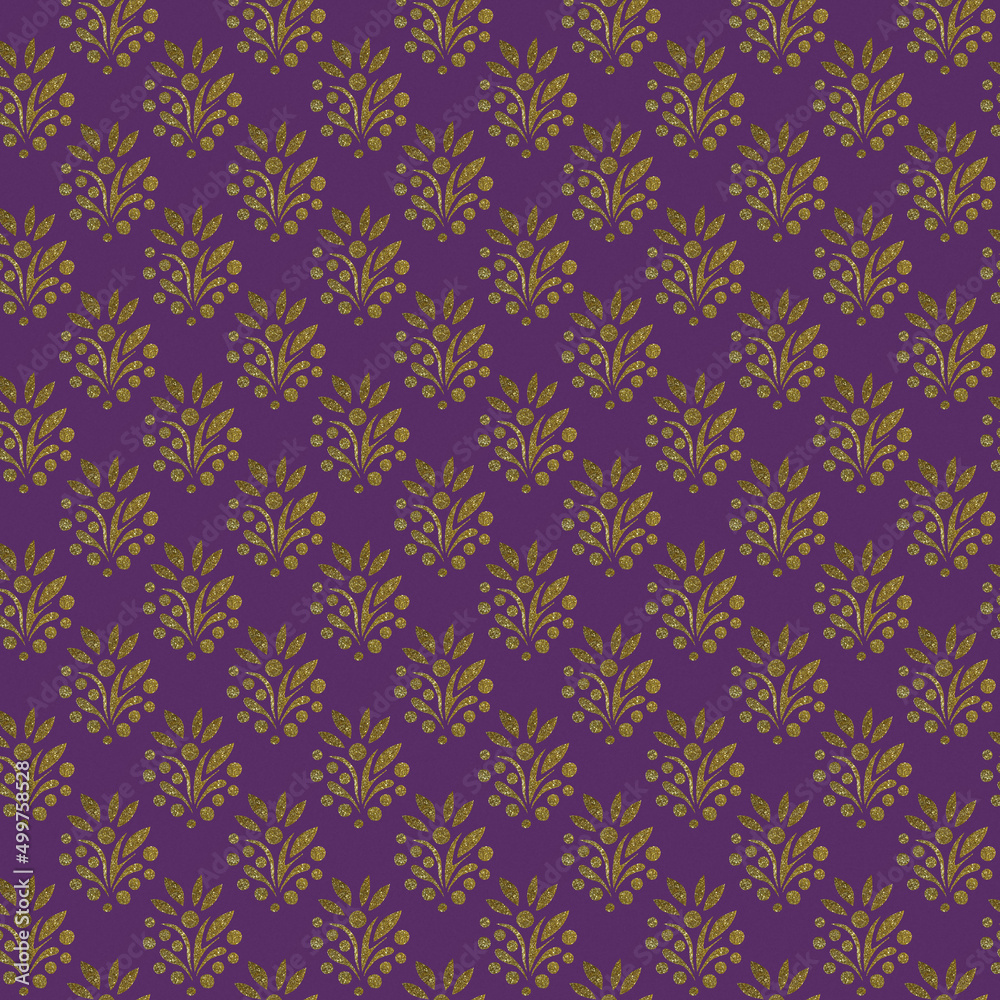 Background with floral ornament. Raster illustration for design. Golden ornament on a purple background.