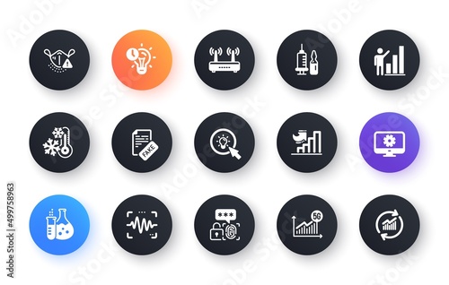 Minimal set of Graph chart, Chemistry flask and Fake news flat icons for web development. Energy, Freezing, 5g statistics icons. Wifi, Monitor settings, Voice wave web elements. Vector