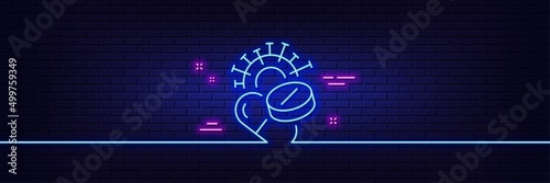 Neon light glow effect. Coronavirus pills line icon. Covid-19 virus vaccine sign. Corona virus symbol. 3d line neon glow icon. Brick wall banner. Coronavirus pills outline. Vector