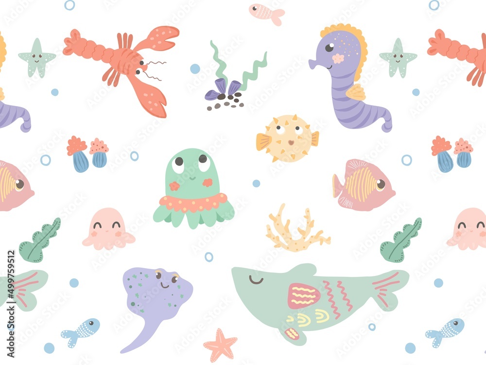 Underwater world pattern. Cartoon underwater characters. Whale, fish, starfish, octopus. Hand-drawn pattern for children's textiles, wallpapers, fabrics.