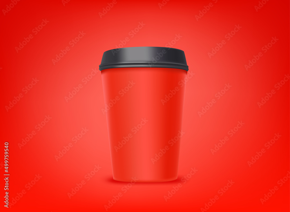 Red coffee cup with black cap on red backgrond. 3d vector illustration Red coffee cup with black cap on red backgrond. 3d vector illustration