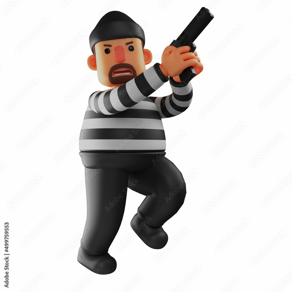 A villain 3D Thief Cartoon Illustration ready to shoot his gun A villain 3D Thief Cartoon Illustration ready to shoot his gun