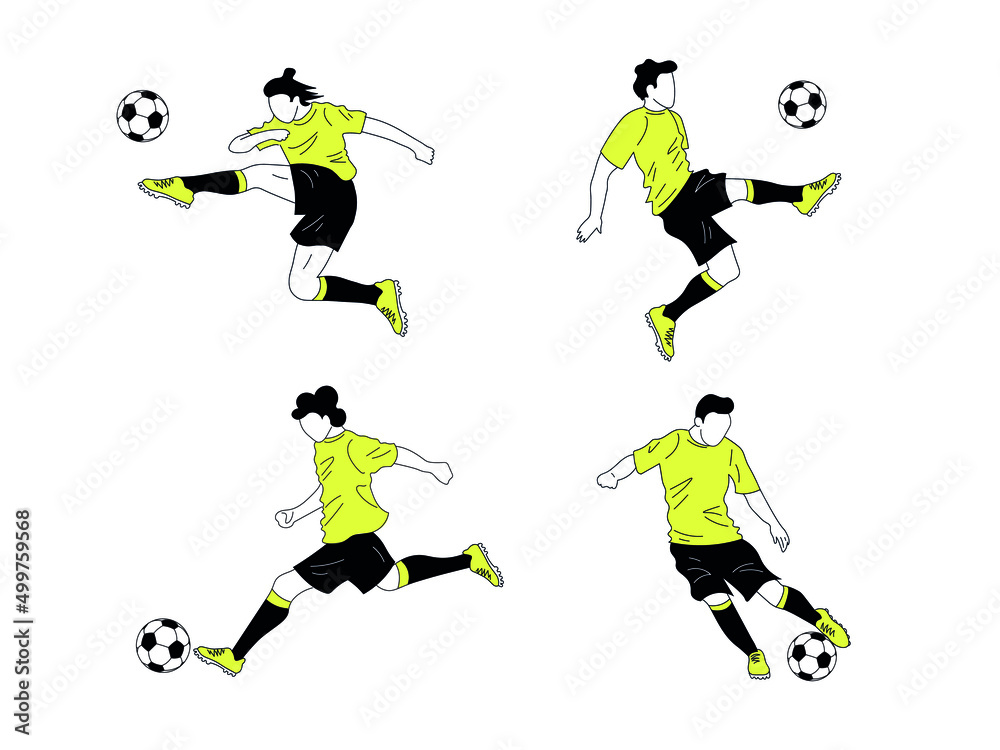 Obraz premium Set of different football, soccer players. Defender, forward kicking the ball in the air, dribbling, striking penalty. Black and yellow minimalistic characters.