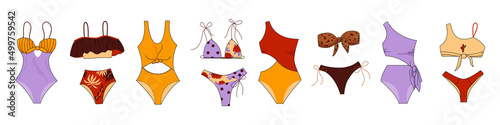 Collection of stylish women s swimwear on white background. Various fashionable summer models design of one piece and two piece swimsuits. Color flat vector illustration isolated on white background