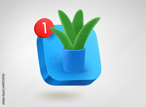 Green home flower. 3d vector mobile application icon with notification