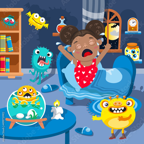 Find and count all monsters. Halloween night with funny characters in room. Picture for children games, posters, puzzles. Activity, vector illustration.