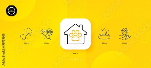 Dog vaccination, Dog bone and Pet shelter minimal line icons. Yellow abstract background. Pets care, Water bowl icons. For web, application, printing. Pets medicine, Shelter. Vector