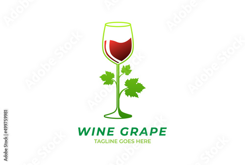 Green Grape Leaf with Wine Whiskey Glass Logo Design Vector