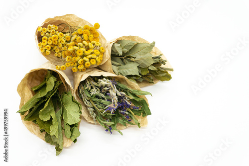 Dried herbs and flowers isolated on white background. Bundles of medicinal herbs for tea. Alternative medicine.