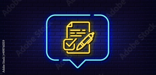Neon light speech bubble. Voting ballot paper line icon. Vote ticket sign. Public election symbol. Neon light background. Voting ballot glow line. Brick wall banner. Vector