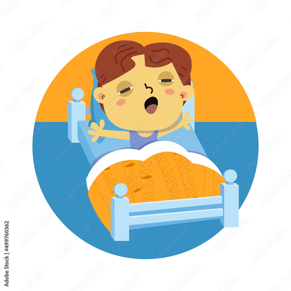 Little boy wake up. Cute cartoon character. Vector illustration for posters, children book design. Little boy wake up. Cute cartoon character. Vector illustration for posters, children book design.
