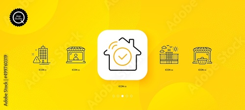 Market seller, Online market and House security minimal line icons. Yellow abstract background. Hotel, Building warning icons. For web, application, printing. Vector