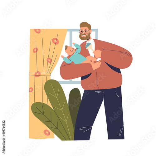 Dad calming crying kid. Father comforting newborn child. Parent with baby on paternity leave