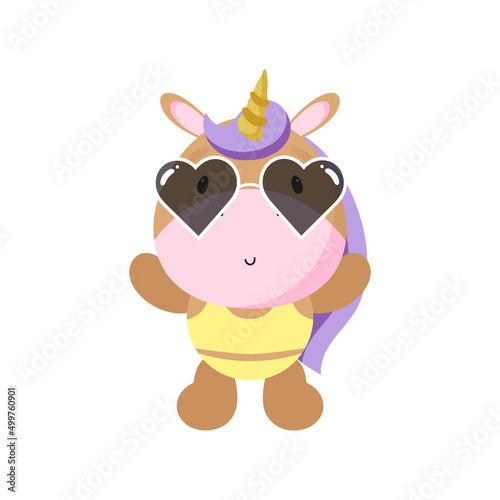 Cute Unicorn in a Swimsuit and Sunglasses. Vector illustration in cartoon style.