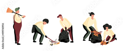 Set of people cleaning dry leaves and garbage. Flat vector isolated illustration