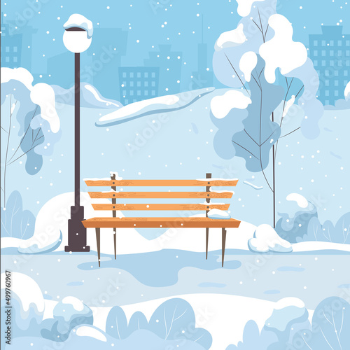 Winter city park with a bench. Flat vector illustration of snowy landscape