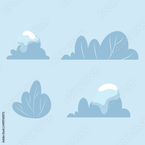 Set of winter snow covered bushes. Flat vector isolated illustration