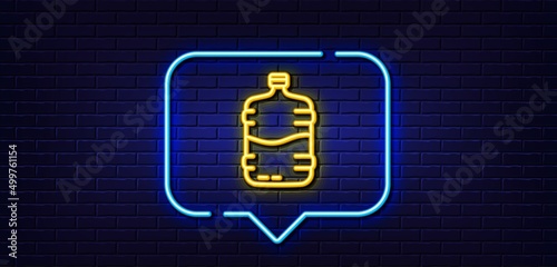 Neon light speech bubble. Water cooler bottle line icon. Still aqua drink sign. Liquid symbol. Neon light background. Cooler bottle glow line. Brick wall banner. Vector
