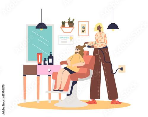 Woman hairdresser making hair cutting for little girl. Hairdo stylist do hairdressing for toddler