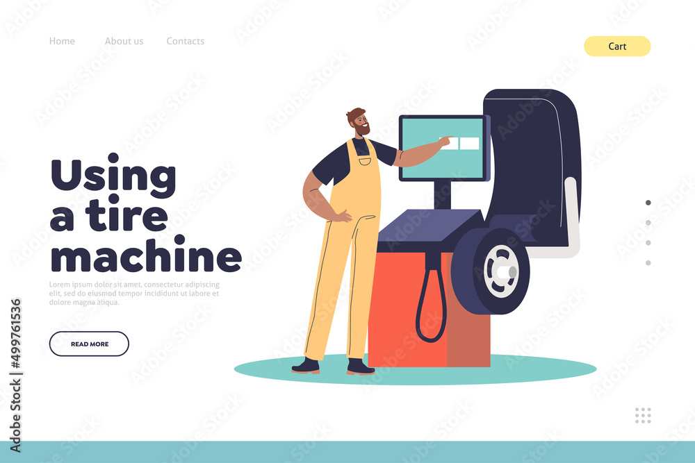 Using tire machine concept of landing page with mechanic in garage fitting car tyre before mounting Using tire machine concept of landing page with mechanic in garage fitting car tyre before mounting
