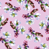 Buckwheat flowers, seamless pattern on a lilac background. Watercolor illustration. For background, packaging, textiles.