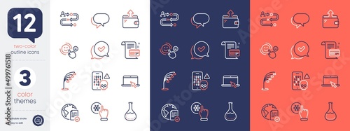 Set of Wallet, Approved and Chemistry lab line icons. Include Journey path, Portable computer, Payment card icons. Cyber attack, Online voting, Customer satisfaction web elements. Vector