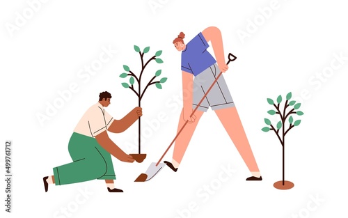 People planting tree. Couple of eco volunteers during voluntary activity in nature. Diverse man and woman working together outdoors. Flat graphic vector illustration isolated on white background