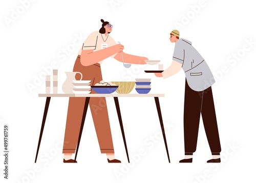 Volunteer helping poor person, giving food, sharing meal with homeless. Woman supporting hungry starving people, providing with feed at table. Flat vector illustration isolated on white background