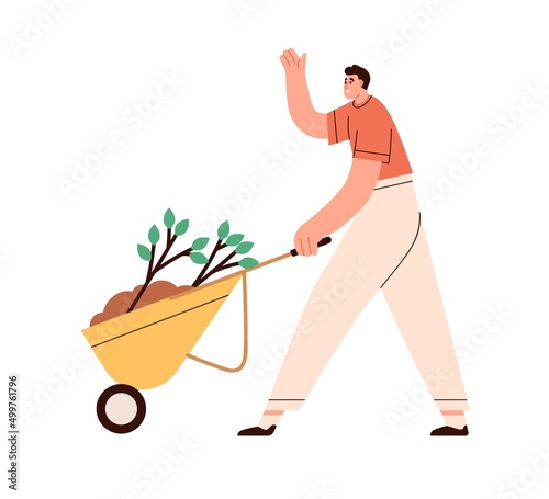 Happy person going, carrying wheelbarrow with soil and plants. Eco volunteer with tree seedlings. Man with spring saplings working outdoors. Flat vector illustration isolated on white background