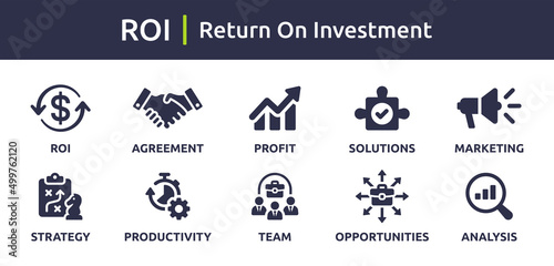 ROI, Return on investment, Business and financial icon set isolated on white background. photo