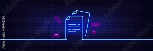 Neon light glow effect. Documents line icon. Doc file page sign. Office note symbol. 3d line neon glow icon. Brick wall banner. Documents outline. Vector