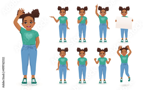 Smiling little girl in different poses set. Various kid gestures - showing, thinking, angry, crying, jumping, welcoming, holding blank board and making idea pointing up isolated vector illustration