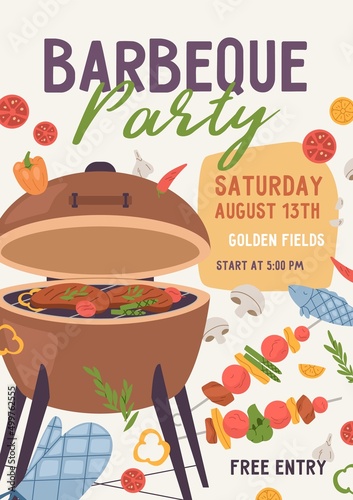 BBQ party poster template. Summer barbecue picnic flyer design with brazier and meat food. Vertical ads banner for barbeque festival. Flat vector illustration of promotion card, advertisement
